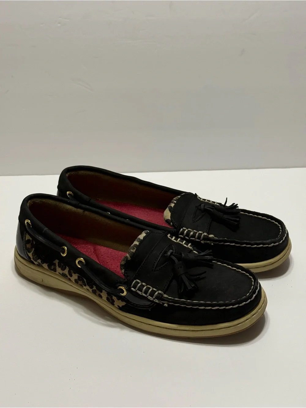 Sperry Top-Sider Women’s Black Tassel Loafers with Leopard Trim Sz 9M